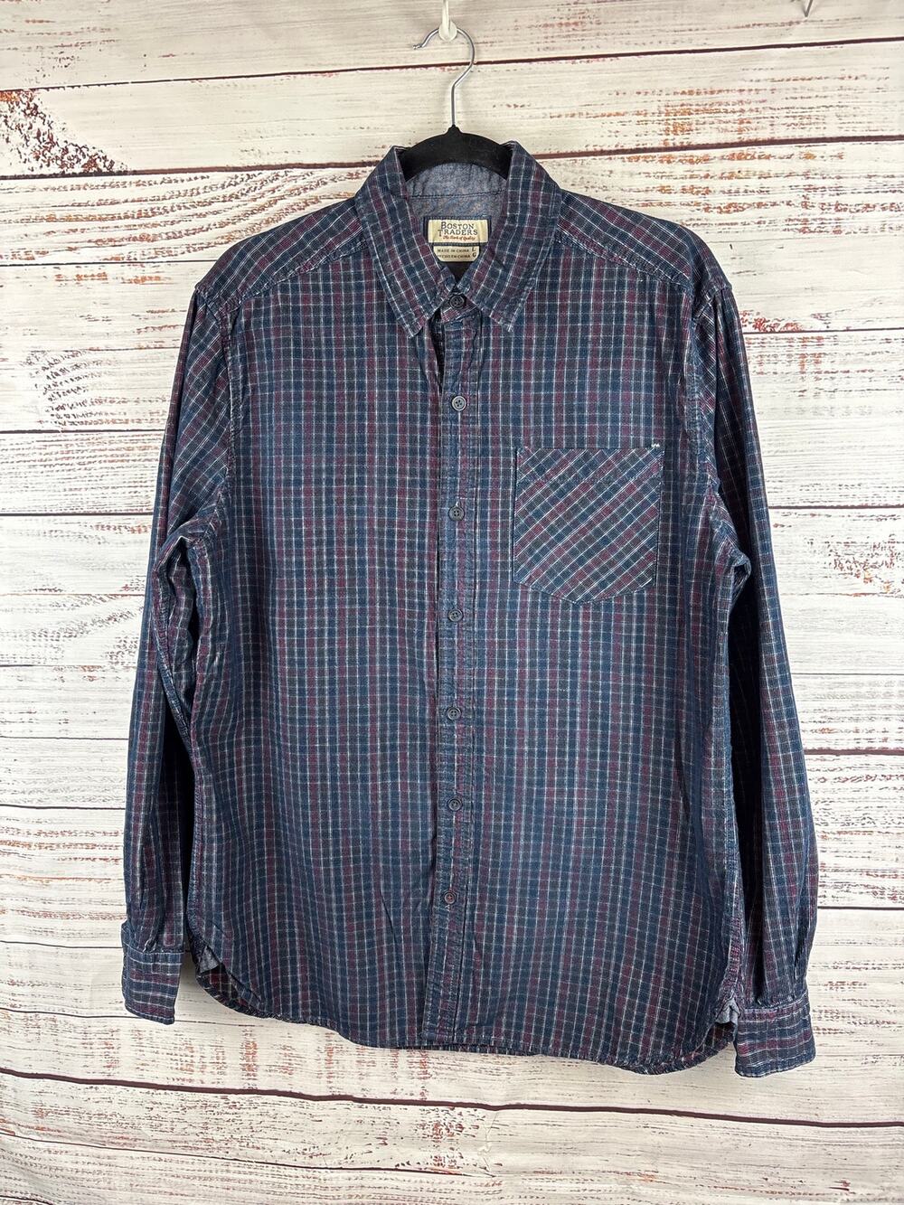 Boston Traders Navy Red Plaid Corduroy Button Up Shirt Casual Outdoor Mens Sz L